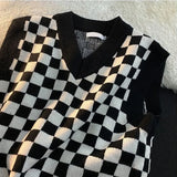 Threebooy Black White Checkerboard Plaid Print Vest Sweater Autumn Winter V Neck Men Preppy Style Harajuku Fashion Casual Oversize Knitted