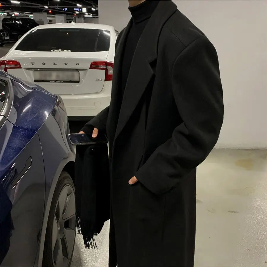 Threebooy Korean High-end Wool Coat Autumn Winter Japanese Fashionable Men Over-knee Mid-length Wool Coat Men Simple Streetwear