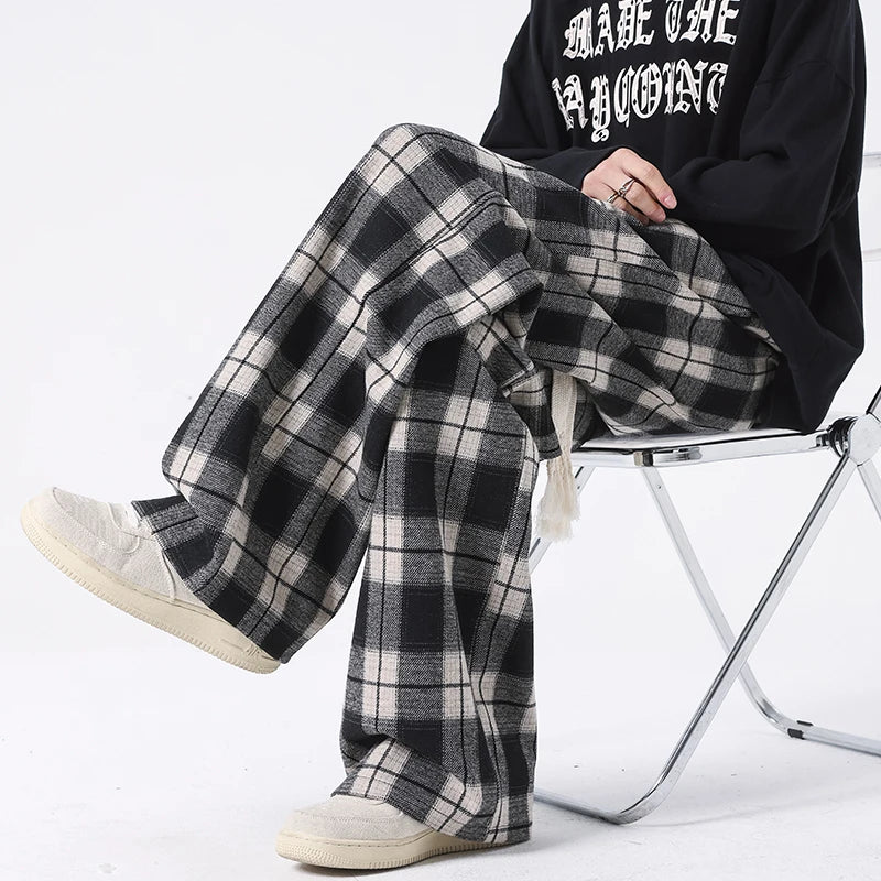 Threebooy Told Tale Plus Size Spring Casual Plaid Pants Men Wide Leg Couple Straight Pantalones Harajuku Mopping Oversize 8XL 7XL