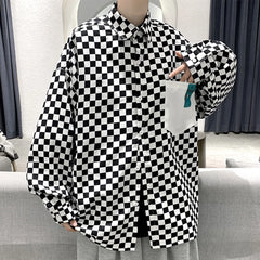 Threebooy High street ins checkerboard long sleeved shirt men's spring clothes plus fat plus size trendy fat people loose casual coat