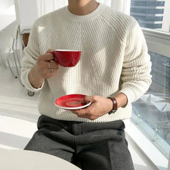 Threebooy Mens Autumn Winter Korean Style Loose Round Neck Knitted Sweater Gender-Neutral Trendy Casual Solid Color Simple Sweater Unisex