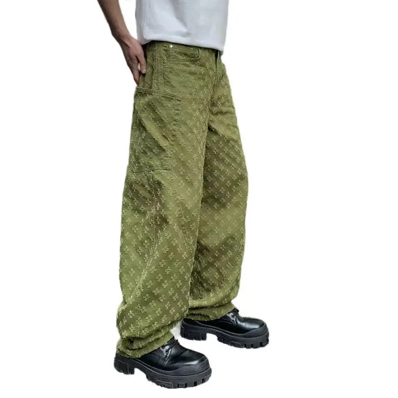 Threebooy Street American Straight Wide-leg Jeans Green Vintage Jacquard Jeans Men's Pantalones Hombre Y2K Fashion Streetwear Loose Pants