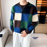 Threebooy  Clothing Men Mink Cashmere Plaid Sweater/Male Slim Fit Fashion Casual Pullover/Man Round Neck Korean Harajuku Sweaters