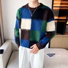 Threebooy  Clothing Men Mink Cashmere Plaid Sweater/Male Slim Fit Fashion Casual Pullover/Man Round Neck Korean Harajuku Sweaters