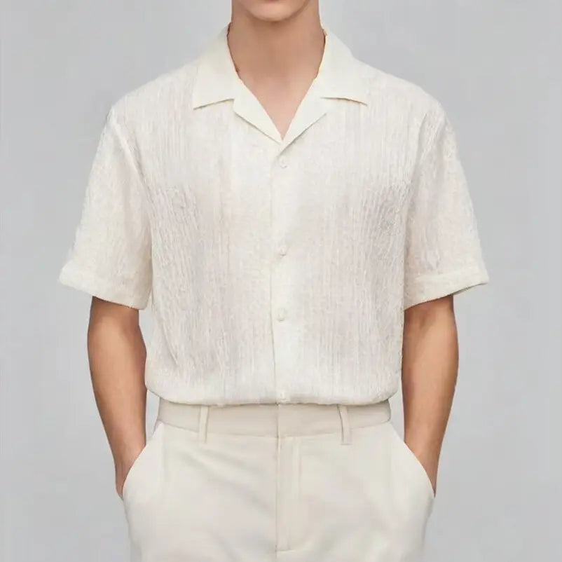 Threebooy Men Summer Short Sleeve Shirt Slim Fit Suit Collar Ice silk Fabric Trendy Casual Top New Lightweight Fashion Streetwear Style