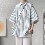 Threebooy Half Sleeve Shirts Men Casual Stripe Shirts Streetwear Oversize Blouses Single Breasted Male Clothing Harajuku Summer