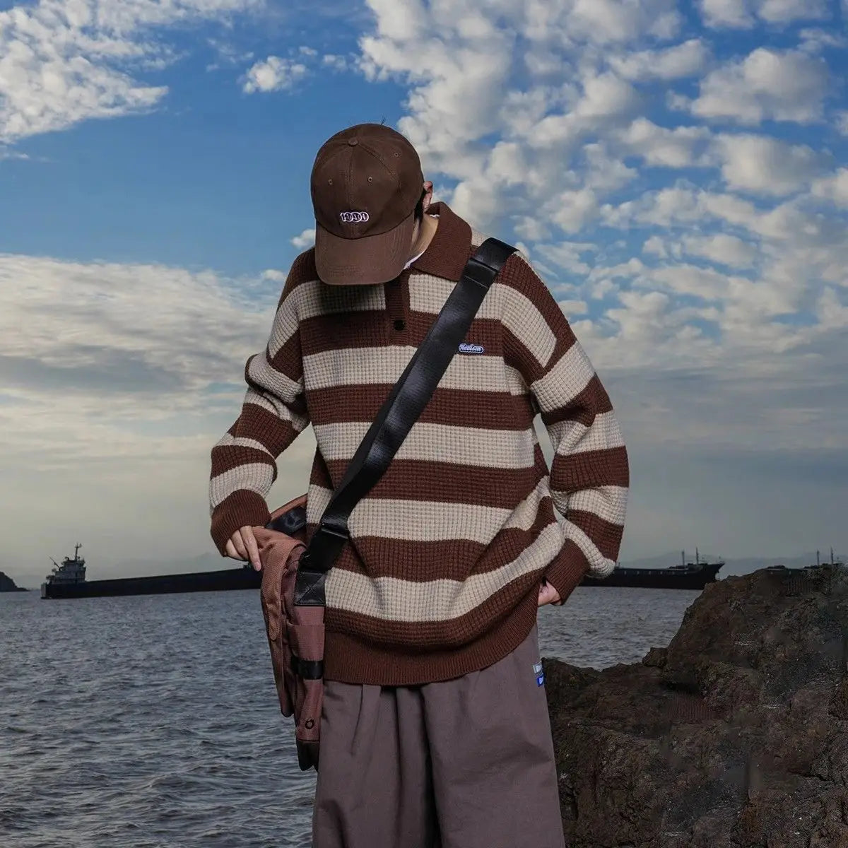 Threebooy American autumn and winter high street men and women trendy personalized striped lapel shirts for couples loose retro casual top