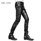 Threebooy Men's Fashion Leather Pants Tight Elastic Tie Cord Punk PU Pants Men's Motorcycle Pants Thin Style