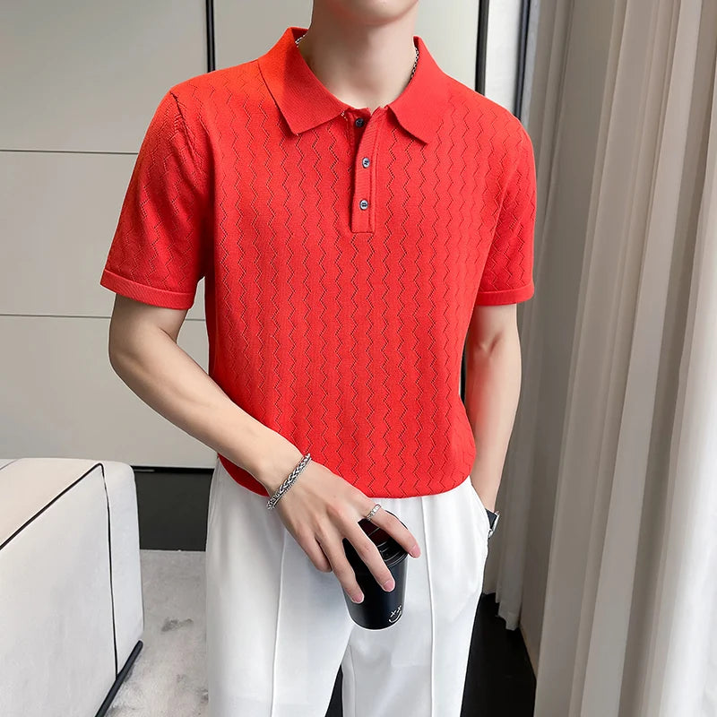 Threebooy British Style Men's Summer Casual Hollow Out Short Sleeves Polo Shirts/Male Slim Fit Knitting Polo Shirts S-3XL