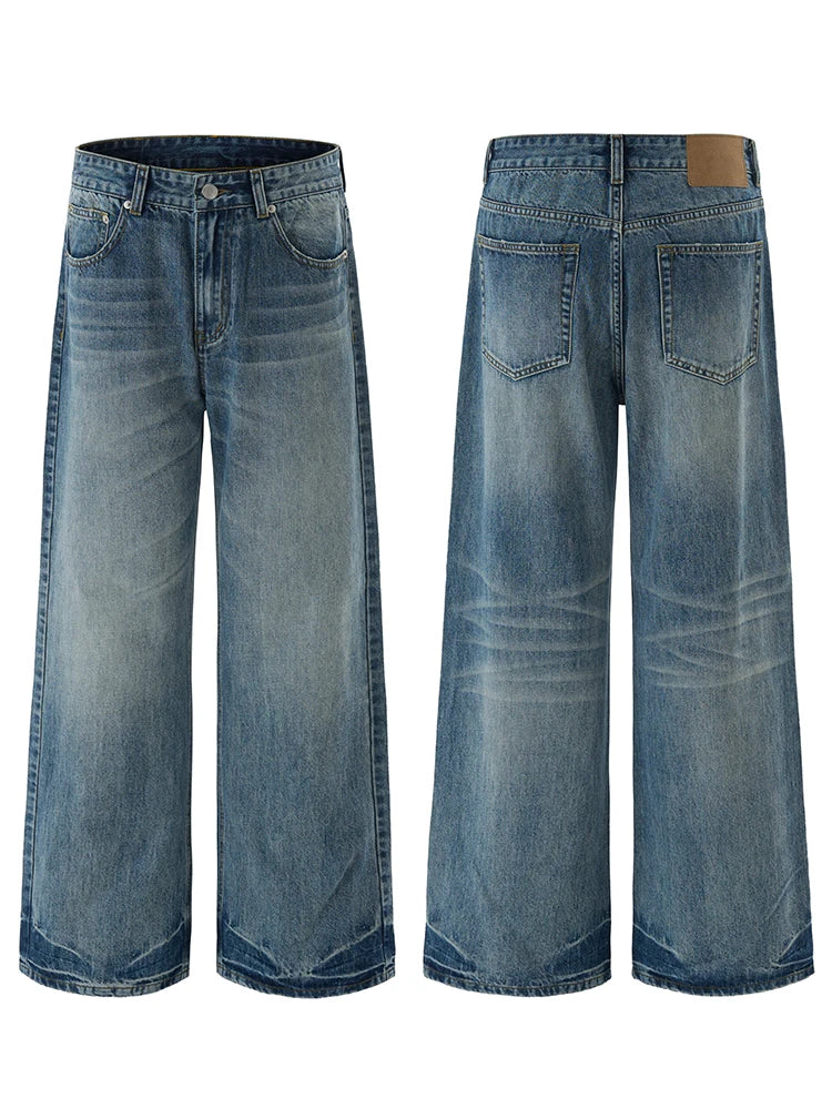 Threebooy Vintage Wash Men's Loose Jeans American Cleanfit High Street Micro Flared Trousers Autumn Fashion Casual Wide-leg Denim Pants