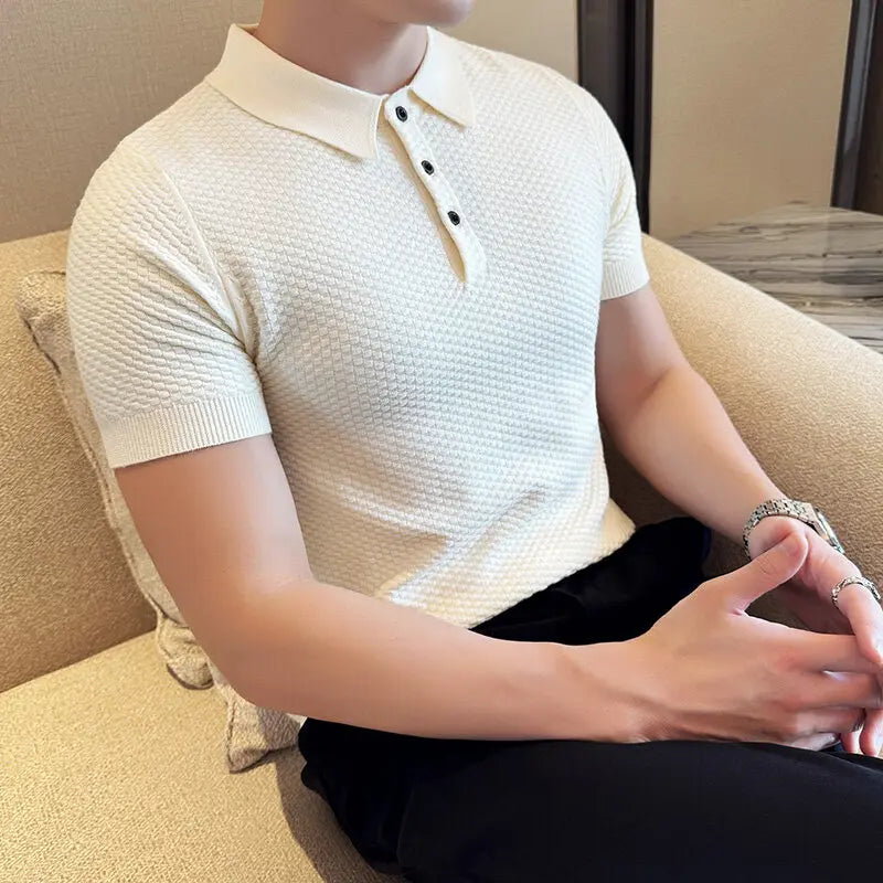 Threebooy  Spring/Summer New Polo Shirt Collar Slimming Striped Knitted Hoodie Business Casual Slimming Elastic T-shirt Homme 4XL
