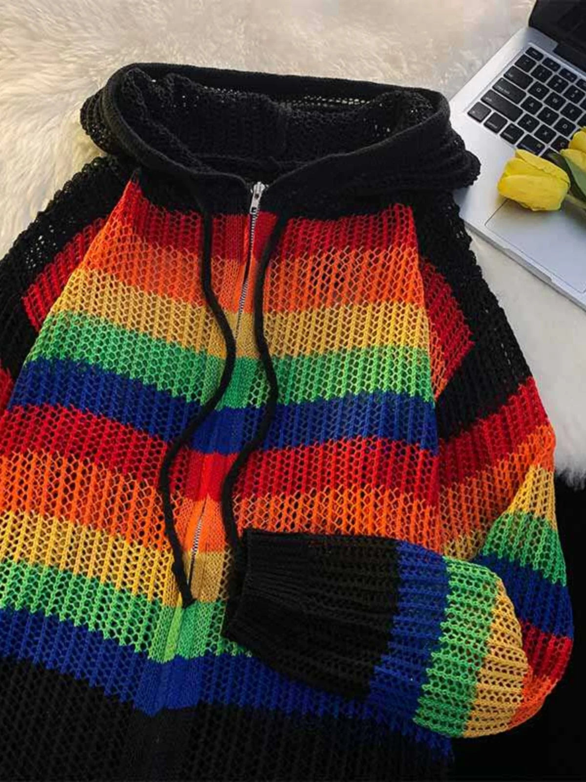 Threebooy Spring Autumn New Men Rainbow Striped Cardigan Coat Men's Loose Knit Hooded Jackets Male Casual Sweater Outerwear S817