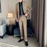 Threebooy New (Blazer+ Trousers) Men's Gentleman Fashion Business Suits Solid Color Korean Style Wedding Work Suit 2 Piece Set Tuxedo