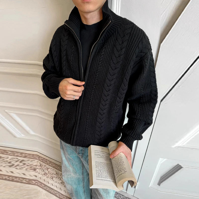 Threebooy  New Japanese Retro Men Cardigan Jacket Winter Light Luxury Trendy Turtleneck Knit Zip-up Long Sleeve Sweater Coat Premium Outfit