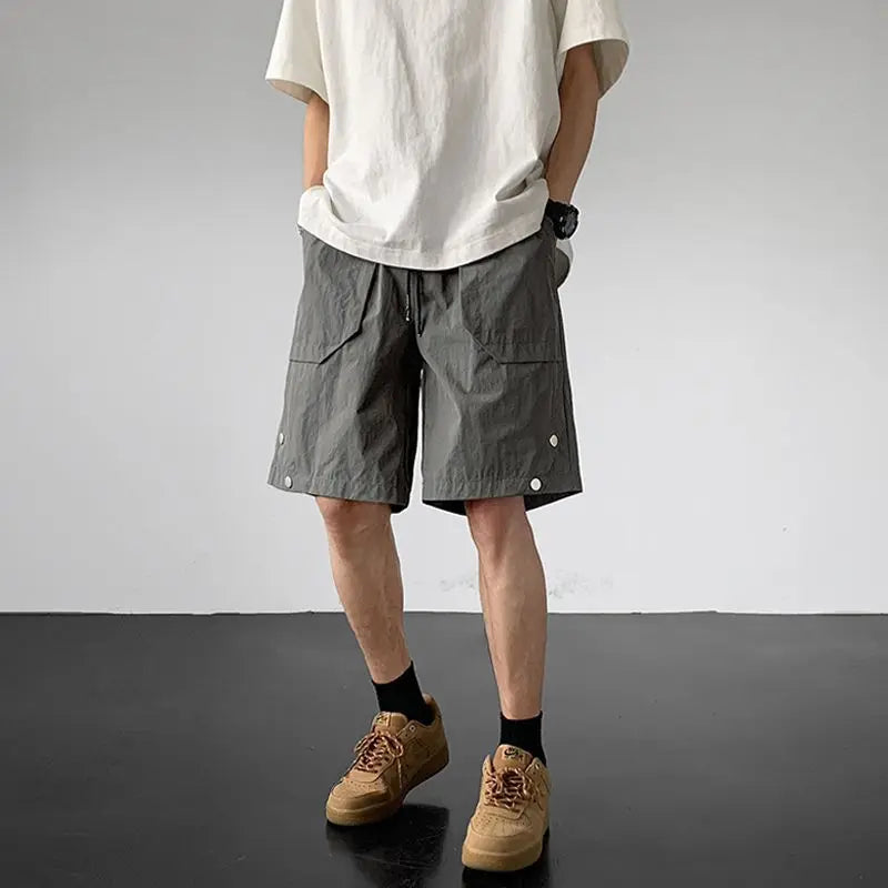 Threebooy American Casual Shorts High-end Quick-drying Workwear Charge Shorts Korean Men's Summer Loose Rivet Cargo Half Pants Streetwear