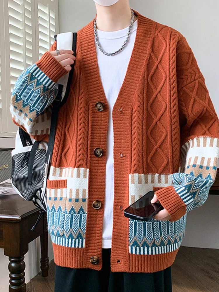 Threebooy  Winter Christmas Jacquard Knitted Cardigans For Man Ethnic Style Button-up V-neck Sweaters Y2K Streetwear Cardigan Knitwear