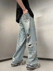 Threebooy American hip-hop straight leg men and women trend summer personality destruction jeans couple loose retro Harajuku casual pants