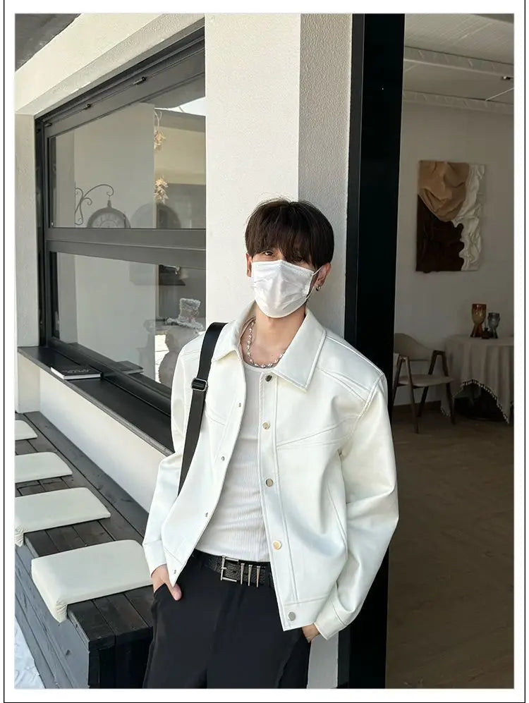 Threebooy American Street High-end Coat Trendy Leather Jacket Korean Elegant 2025 Spring Men's New PU Lapel Slim Loose Jacket Aesthetic