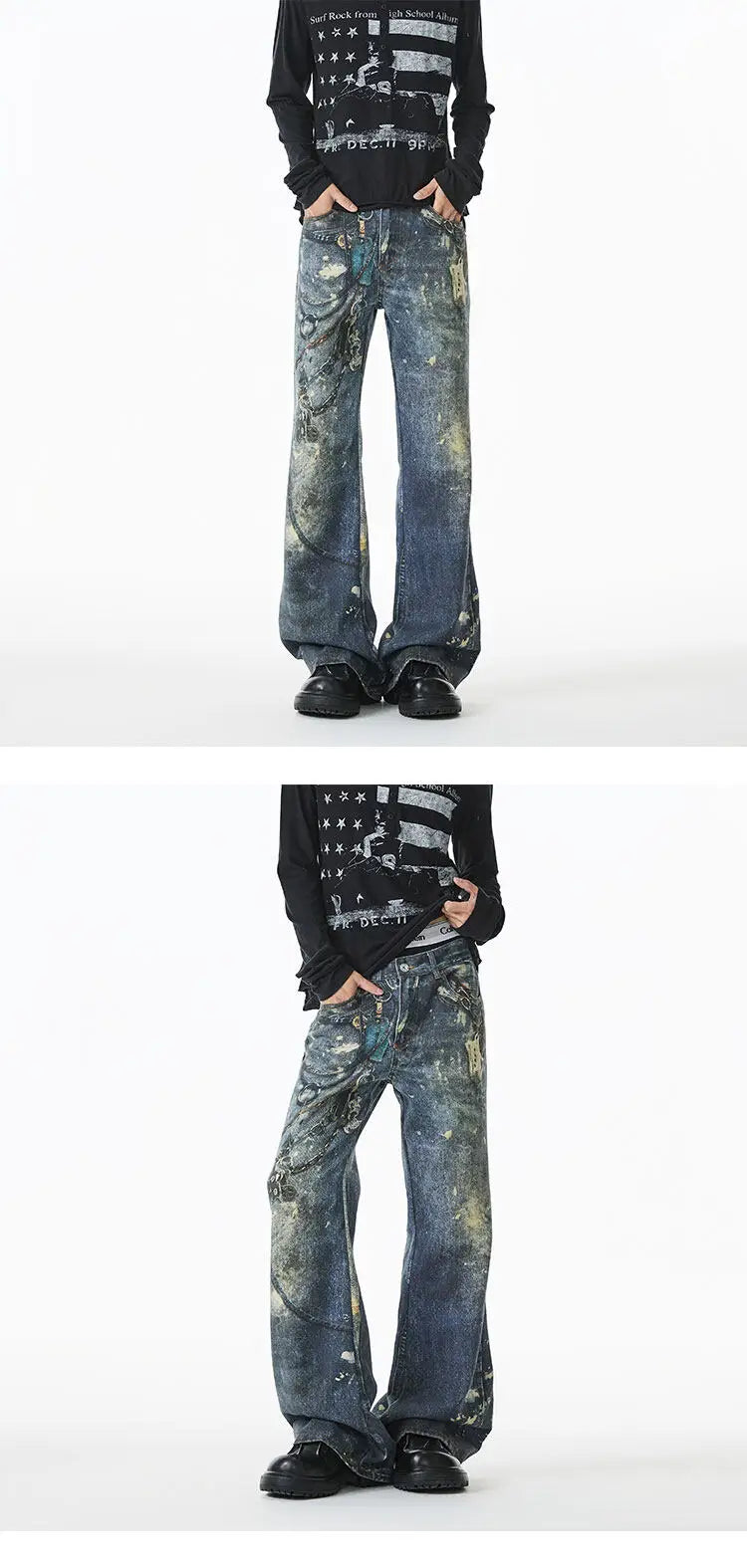 Threebooy Jean Men Unique Design Graffiti Street Style Drag Jeans Urban Trendy Fashion Distressed Long Fit Casual Denim Pants Edgy Hip Hop