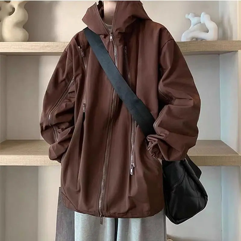 Threebooy Autumn Winter Men's Black Knight American Long Sleeve Hoodies New Loose Functional Workwear Hooded Jacket Coat