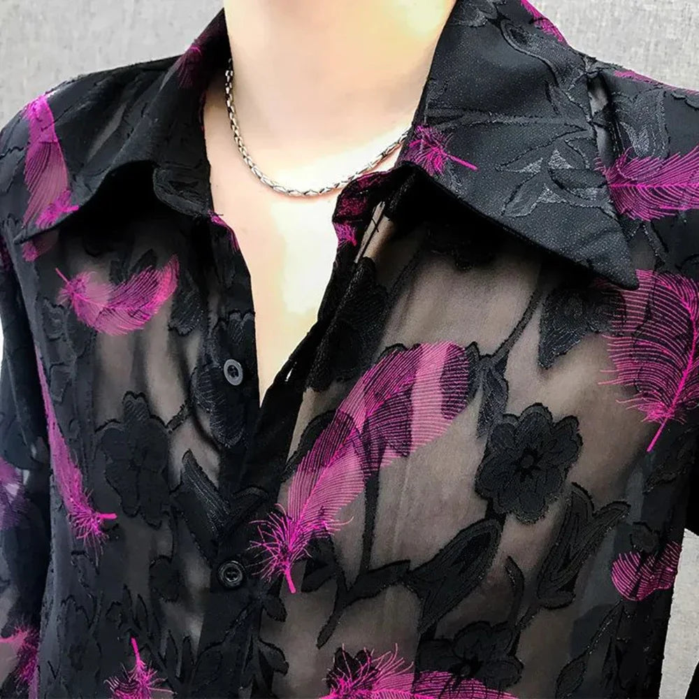 Threebooy 2024 New Mens Genderless Sexy Nightclub Feather Embroidered Mesh Shirt Fashionable Elegant Casual Loose Unisex Long Sleeve Shirt