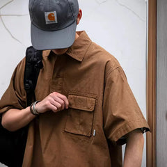 Threebooy  Japanese retro workwear pullover short-sleeved shirt men's summer fashion brand outdoor trend loose casual shirt jacket trend
