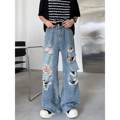 Threebooy Men's Ripped Hole Jacquard Jeans  Summer Thin Handsome Casual Pants Unisex High Street Straight Wide Leg Jeans Blue/Black