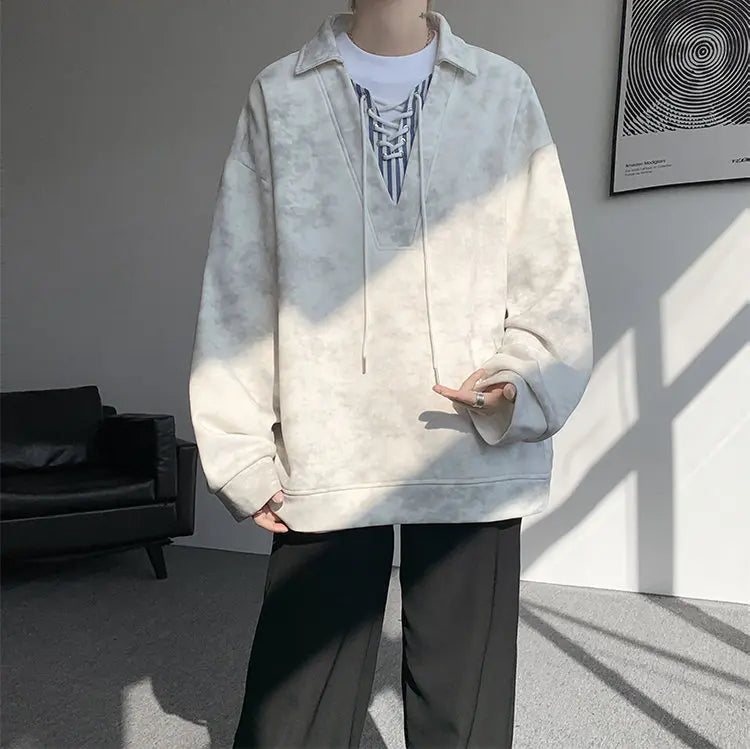 Threebooy Collar Sweatshirt Mens Layered V Neck Pullover Fake Two Piece Streetwear Casual Hoodie Jacket Fall 2025 New Tie Dye Design