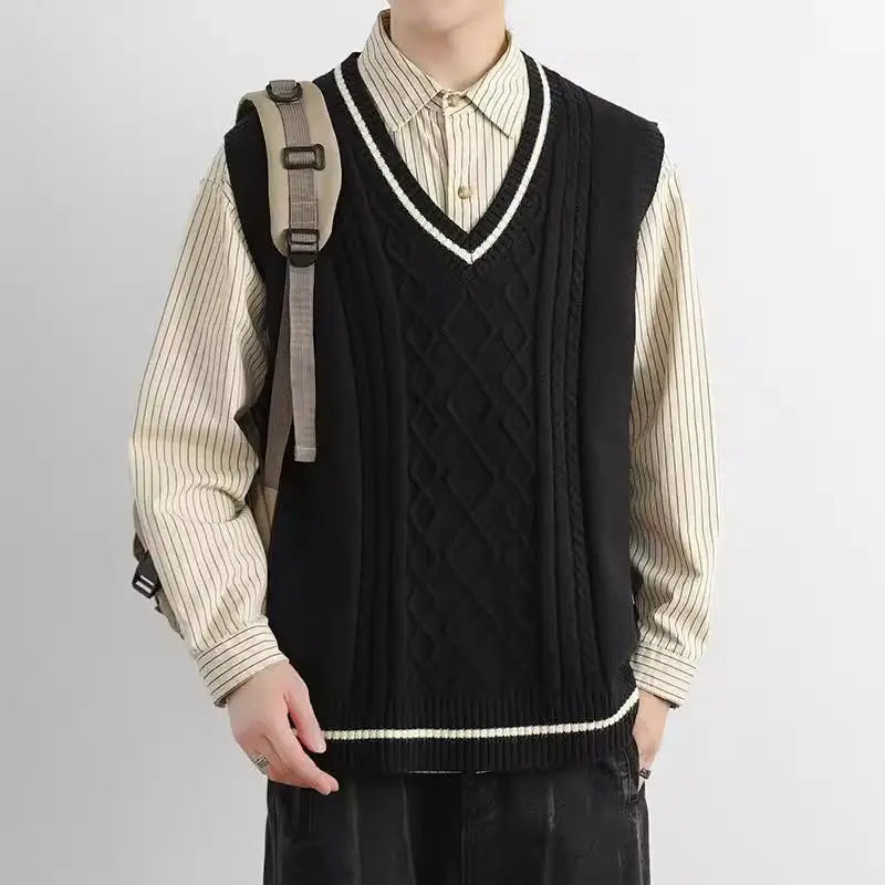 Threebooy Korean Version Autumn Winter New Loose Vest American Retro Knitted Sweater Vest Sleeveless Sweater Men Aesthetic Academy Chic