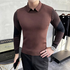 Threebooy Fake 2 Pieces Shirt Collar Sweaters Male Slim Fit Fashion Striped Casual Pullover Brand Clothing Man Long Sleeve Sweaters 3XL-M