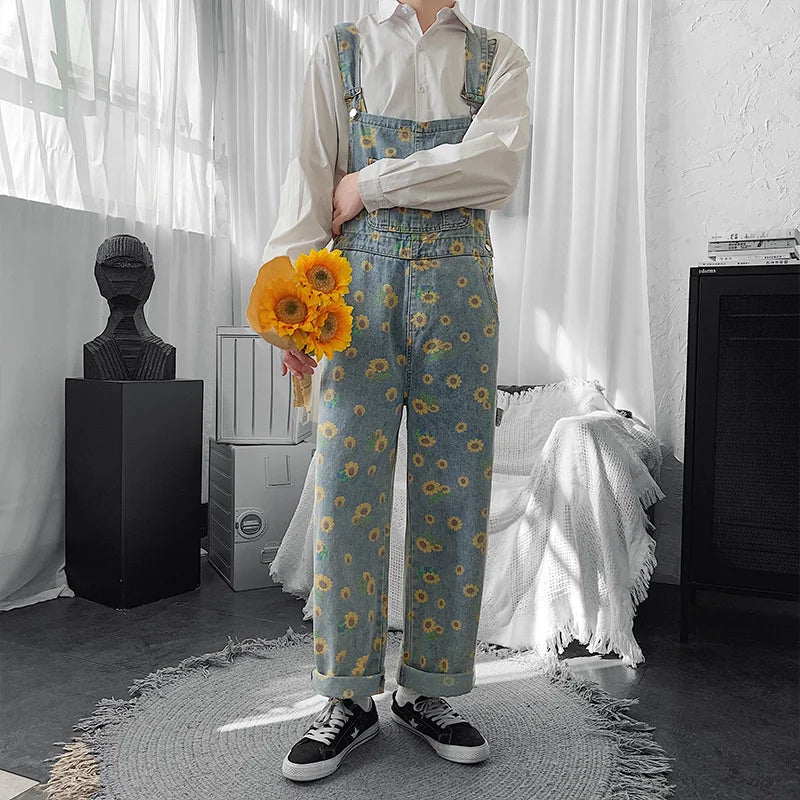 Threebooy Daisy Little Printed Overalls Denim Trousers For Men New Loose Casual Jeans Jumpsuit Vintage Streetwear Tide