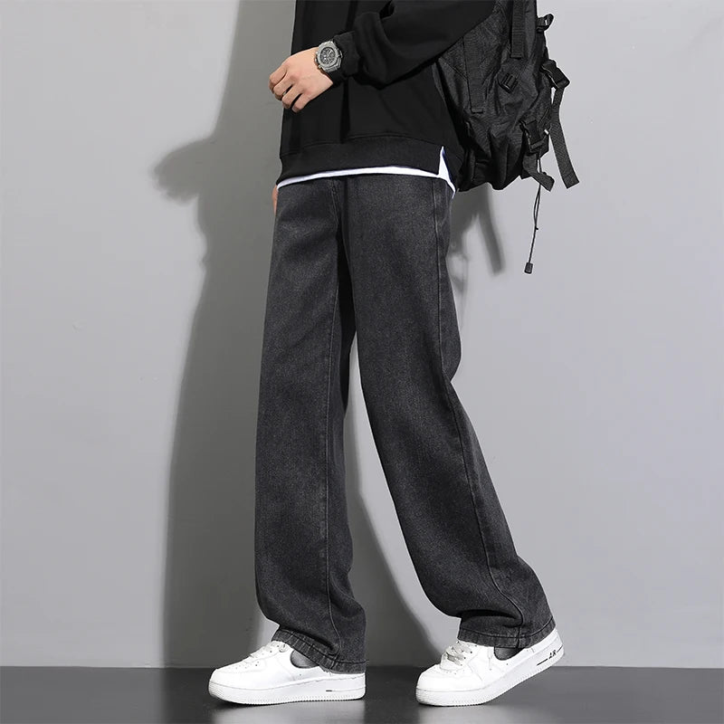 Threebooy 2025 New Korean Men's Casual Long Jeans Classic Man Straight Denim Wide-leg Pants Solid Color Light Blue Grey Black