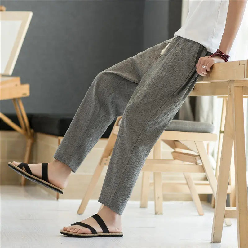Threebooy  Men's Casual Pants Summer Thin Linen Pants Loose Striped Nine-point Pants Straight Sports Pants Cotton Linen 9-point Pants