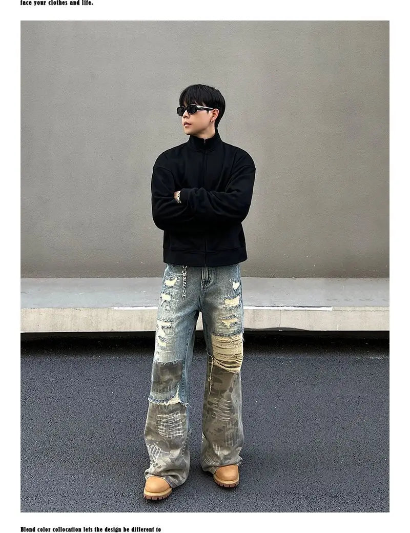 Threebooy American high street men and women trendy washed straight leg jeans for couples loose retro spring and autumn casual pants y2k