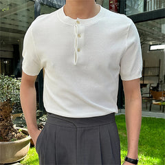 Threebooy New Men Luxury Henry Collar T-Shirt Leisure Slim Button-down Solid Color Short Sleeve Tops Italian Style Summer Breathable Tees