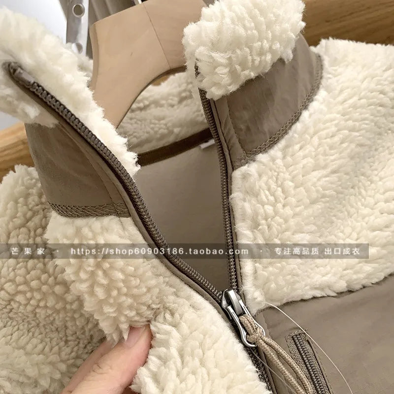 Threebooy Autumn Winter Lambswool Coat Male Loose Windproof Warm Sherpa Stand Collar Polar Fleece Jacket Unisex Simple  Pocket Spliced Top