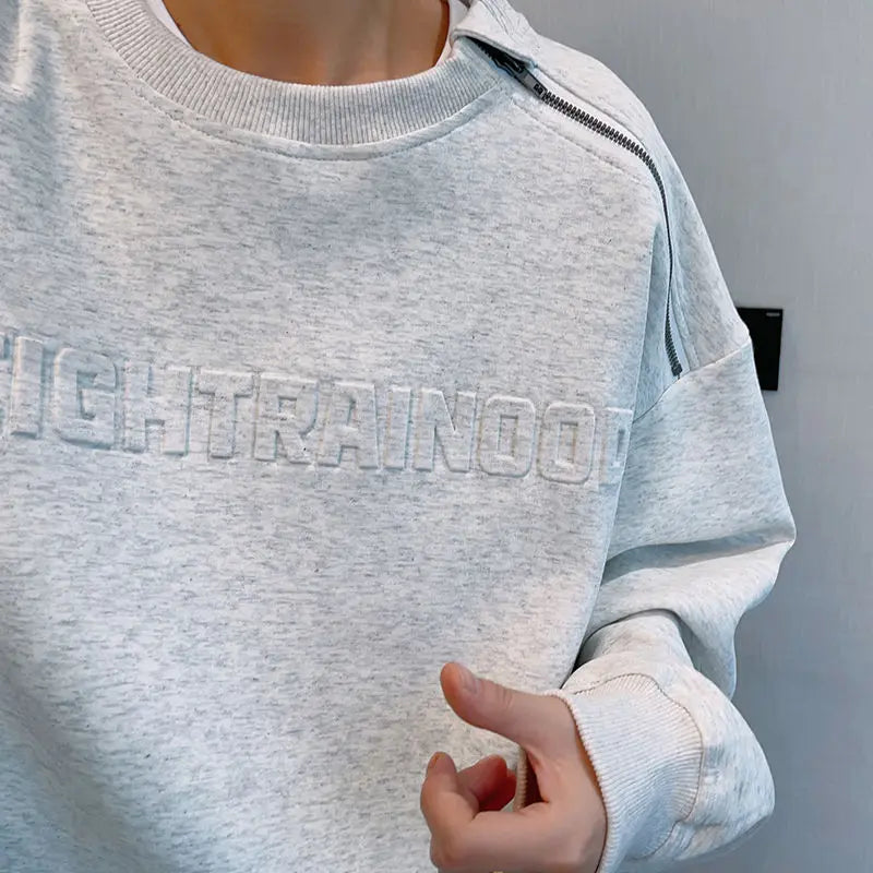 Threebooy  Hip Hop Sweatshirt Loose Shoulder-down Steel Stamp Raised Letter Zipper O-neck Shirt Men's High-end Hat-free Clothing