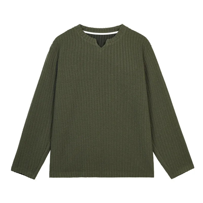 Threebooy Autumn Long Sleeved T-shirt Men Solid Color Casual V-neck T Shirt Men Streetwear Korean Loose Pullover Stripe T Shirt Mens Top