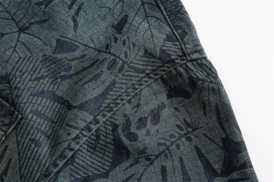 Threebooy  Summer Denim Short Sleeve Shirt Men Streetwear Hip Hop Leaves Print Jeans Shirt Oversized Harajuku Washed Casual Blouse Male