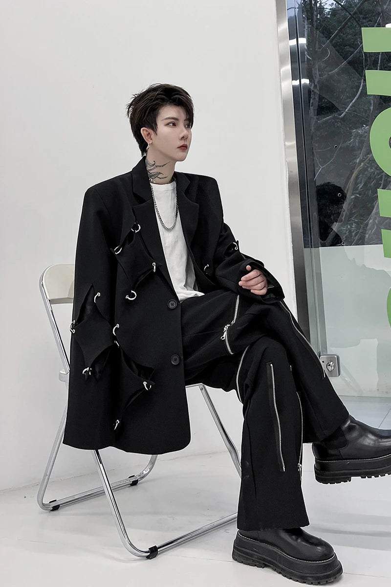 Threebooy Korean Street clothing fashion Spring Men's Irregular Hole Suit Dark Black Male Blazers Korean Fashion Lapel Outwear