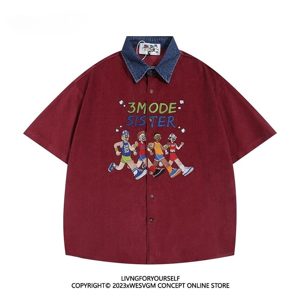 Threebooy  Summer American Retro Athlete Embroidered Spliced denim Neck Short-sleeved Shirt Men Women Loose Trendy Tops Aesthetic Chic