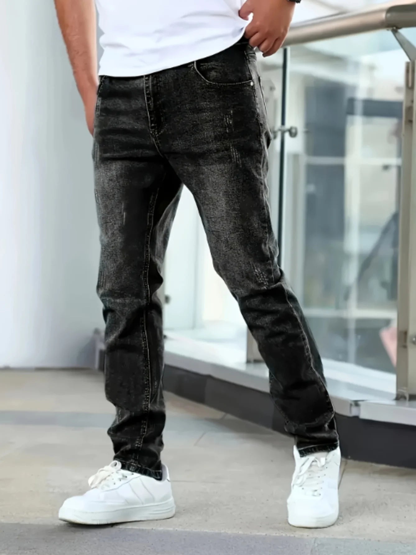 Threebooy  1pc Men'S Casual Slim Fit Stretch Jeans, Chic Street Style Distressed Denim Pants
