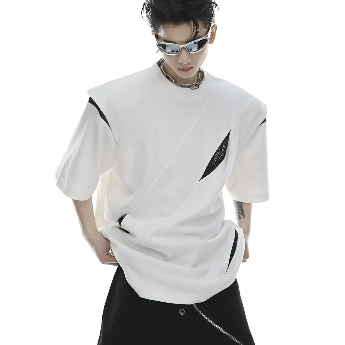 Threebooy Korean Niche Deconstruction Segmented Shoulder Pad Short Sleeve Splicing Design T-shirt High-end Trendy Half-sleeved Men Women