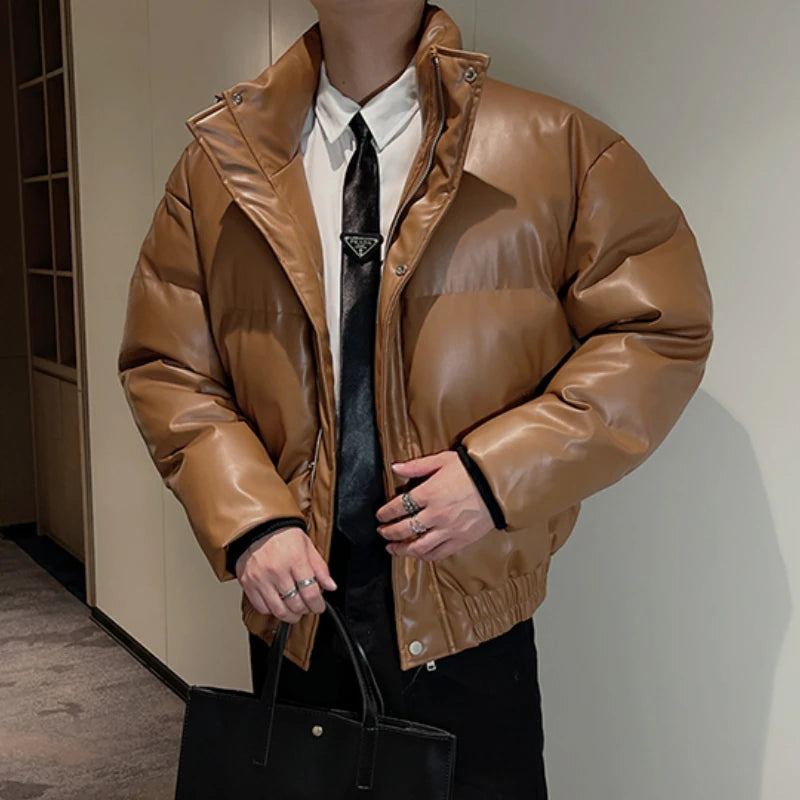 Threebooy Winter Leather Jacket Men Oversize Stand Collar Casual Puffer Parka Thicken Keep Warm Bomber Jacket Hiphop Overcoat Men Clothing