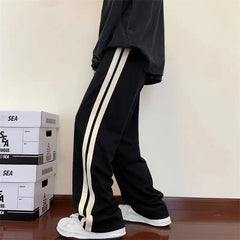 Threebooy Trend Versatile Straight Sports Pants Men Patchwork Side Stripe Elastic Waist Drawstring Pocket Casual Student Wide Leg Trousers