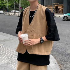 Threebooy  Spring Summer Men's Japanese Style 3 Piece Workwear Vest Set Trendy Cool High Quality Casual Outfit