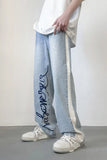 Threebooy Embroidered Letter Jeans Casual All-match Washed Blue Trendy Streetwear Straight Wide Leg Trousers Four Seasons Stitching Pants