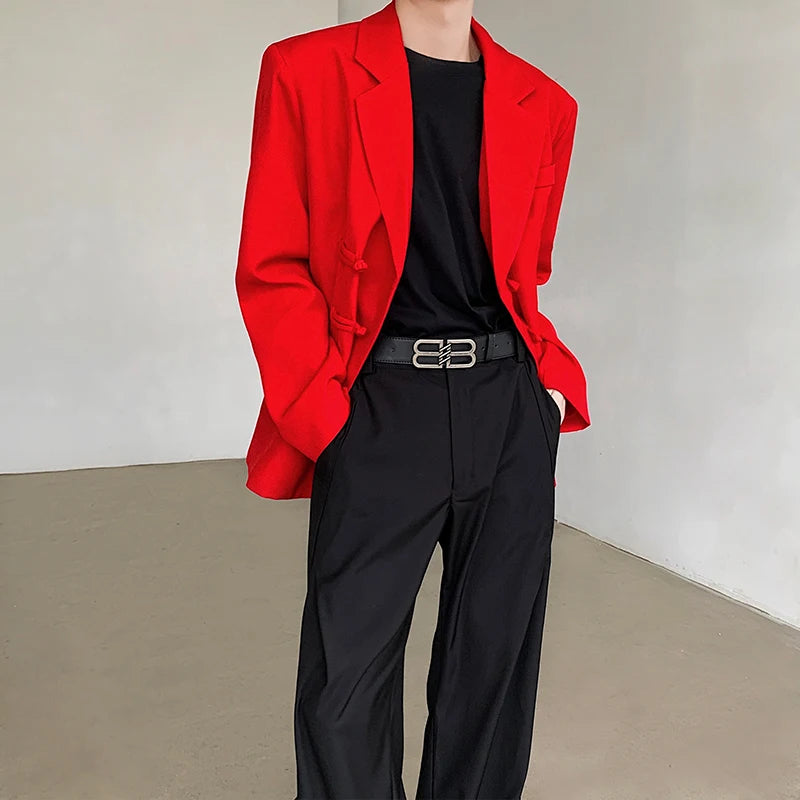 Threebooy New Chinese Red Suit Blazer Men's Solid Color Turn-down Collar Suit Stylish Loose Blazers Mens Streetwear Casual Suit Jacket