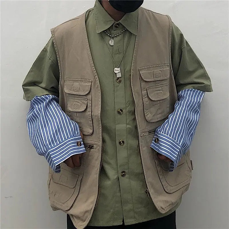 Threebooy Cargo High-end Vest Korean Style Streetwear Japanese Retro Functional Multi-pocket Work Solid Color Pocket Vest Jacket Aesthetic