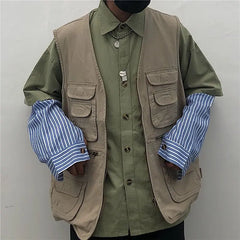 Threebooy Cargo High-end Vest Korean Style Streetwear Japanese Retro Functional Multi-pocket Work Solid Color Pocket Vest Jacket Aesthetic